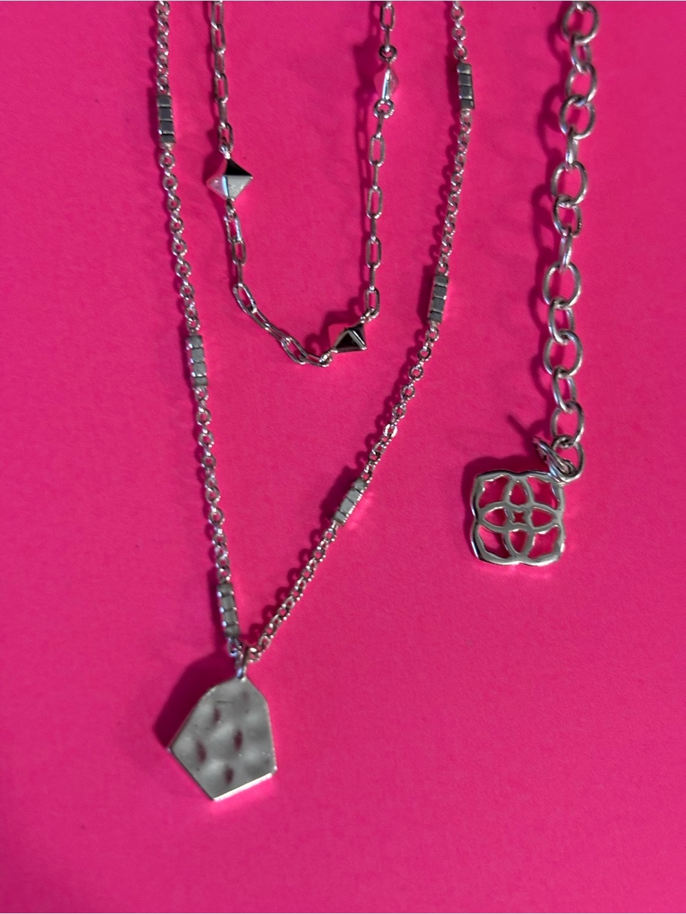 Kendra Scott Silver Double Strand Layered Hammered Geometric Pendant Necklace